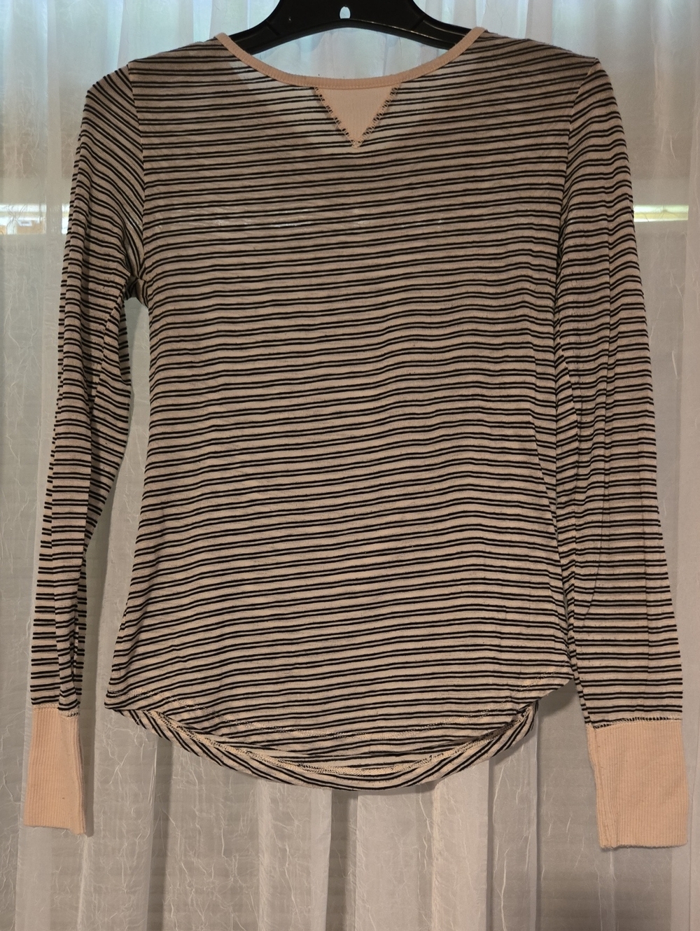 Striped Long-Sleeve Crewneck Top in Cream and Black